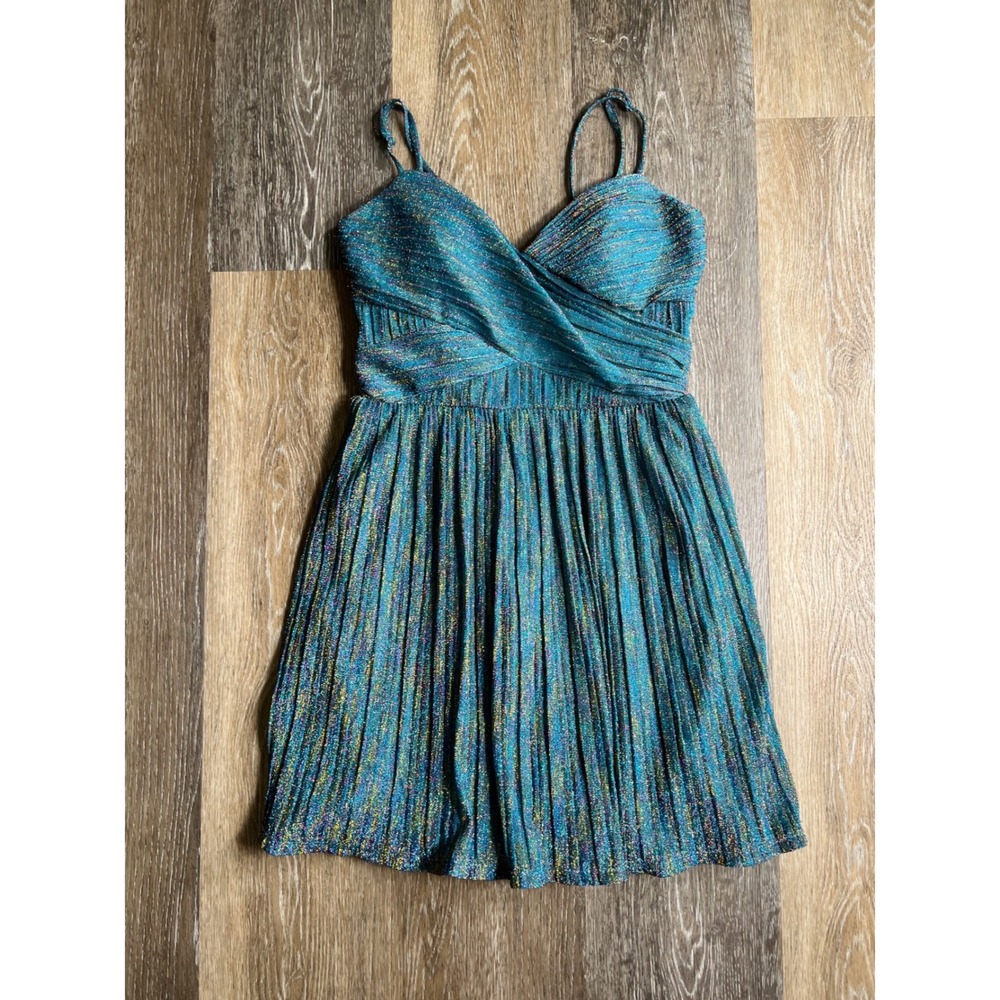 City Studio Pleated Mini Dress Womens 5 Teal Excellent Metallic Glitter Surplice